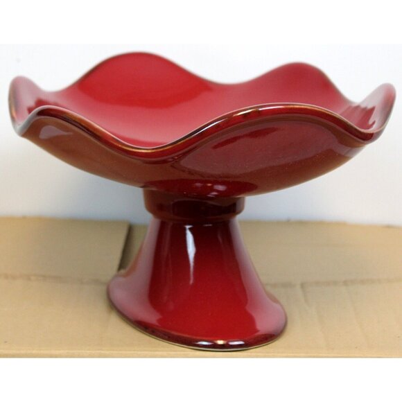 Southern Living Cinnabar Footed Serving Bowl Red Stoneware Pedestal Ruffled Edge - Picture 6 of 9